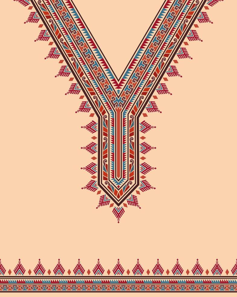 Colorful V-neck embroider pattern design with Thai tribal motifs on beige background vector
