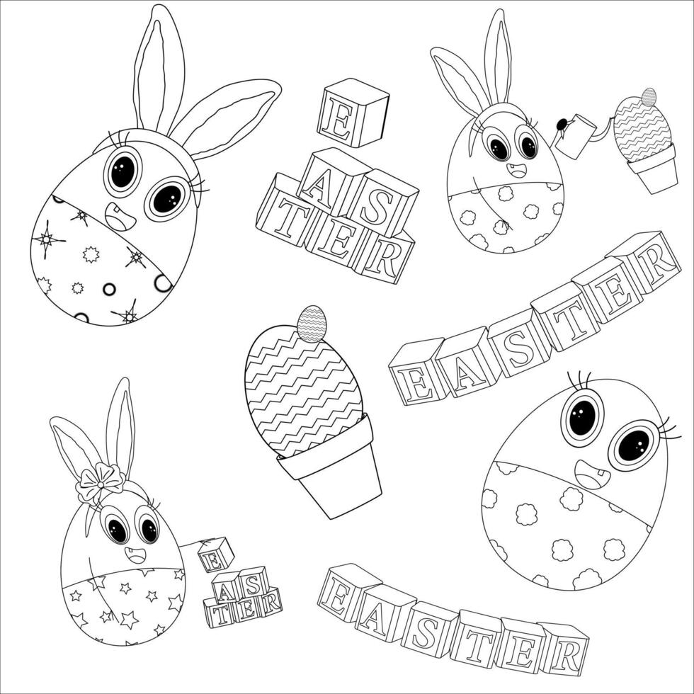 Anthropomorphic Easter egg babies with bunny ears, smiling. Childrens blocks with the word Easter. Cute Easter coloring pages for kids. vector