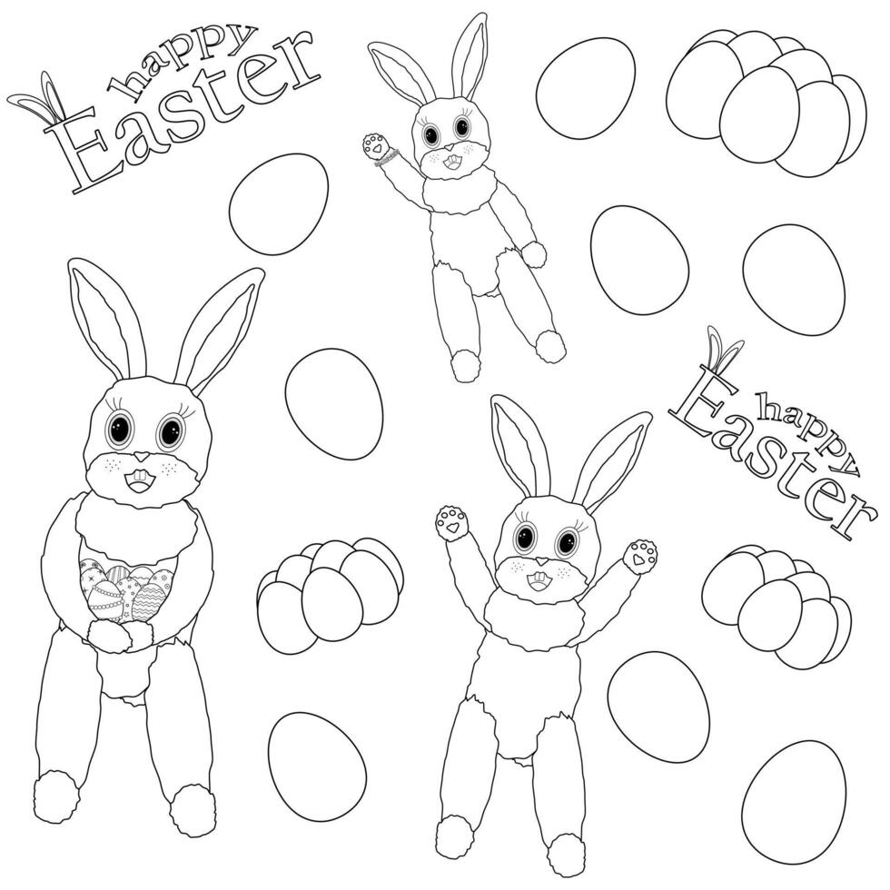 Hare with decorated eggs in his paws, Easter eggs. Happy Easter inscription. Cute Easter Coloring Pages for Kids. contour drawing vector