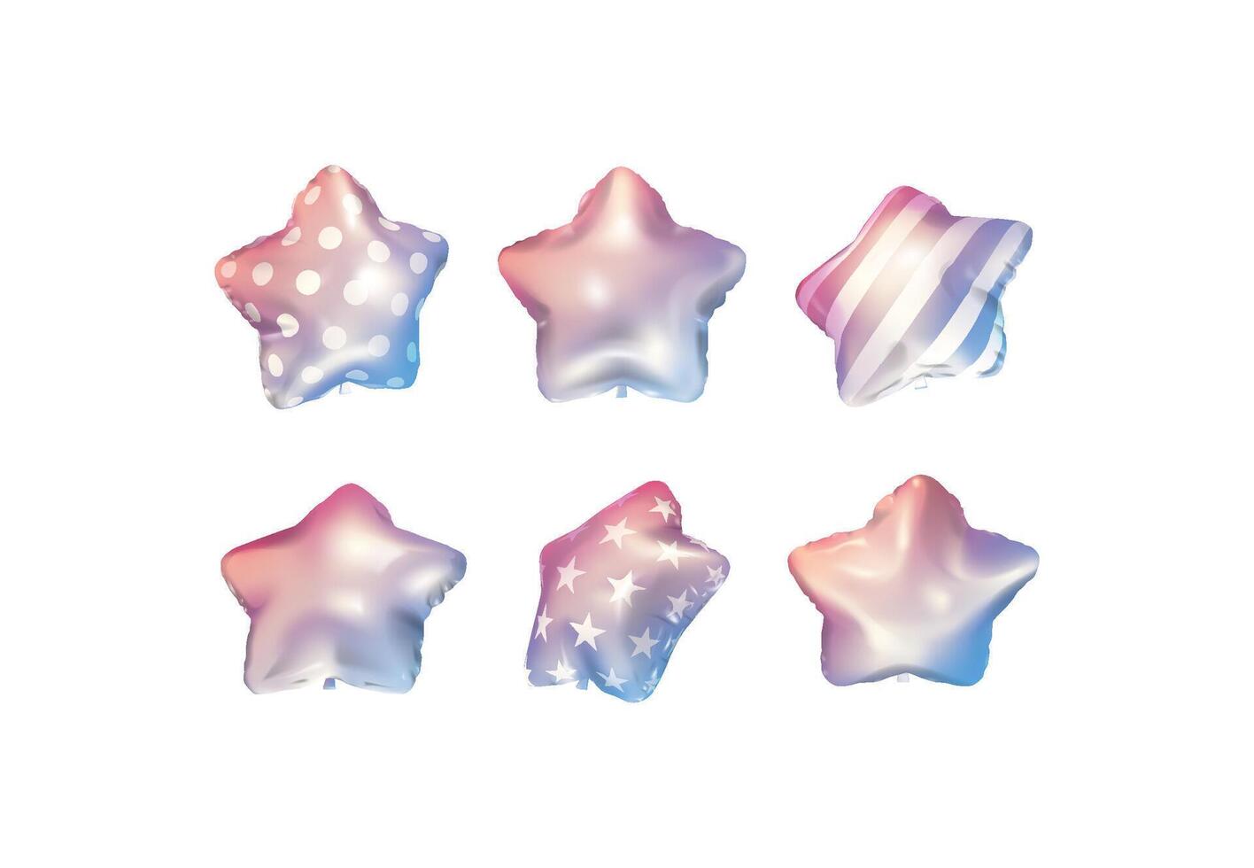 A set of pink and blue gradient star balloons with different angles and patterns vector