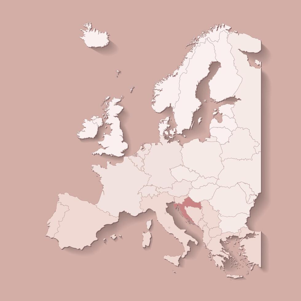 illustration with european land with borders of states and marked country Croatia. Political map in brown colors with western, south and etc regions. Beige background vector