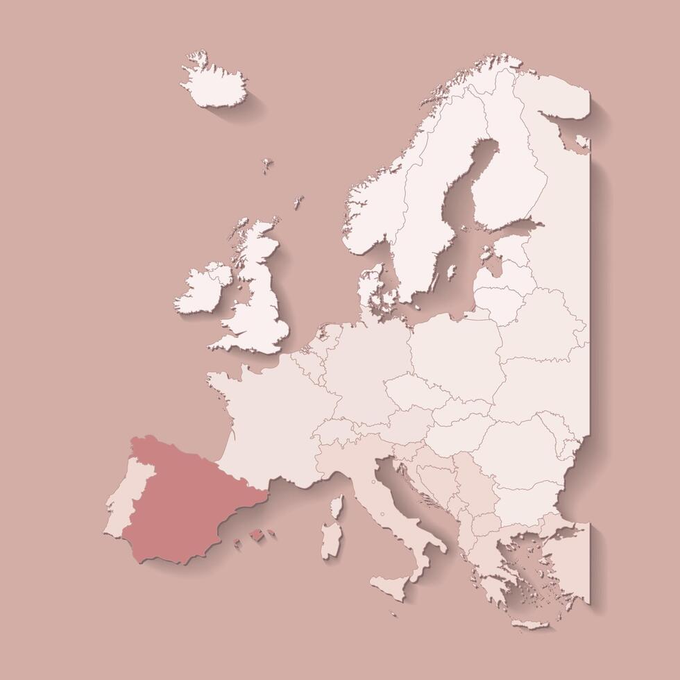 illustration with european land with borders of states and marked country Spain. Political map in brown colors with western, south and etc regions. Beige background vector