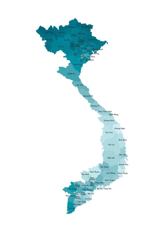 isolated illustration of simplified administrative map of Vietnam. Borders and names of the regions. Colorful blue khaki silhouettes vector