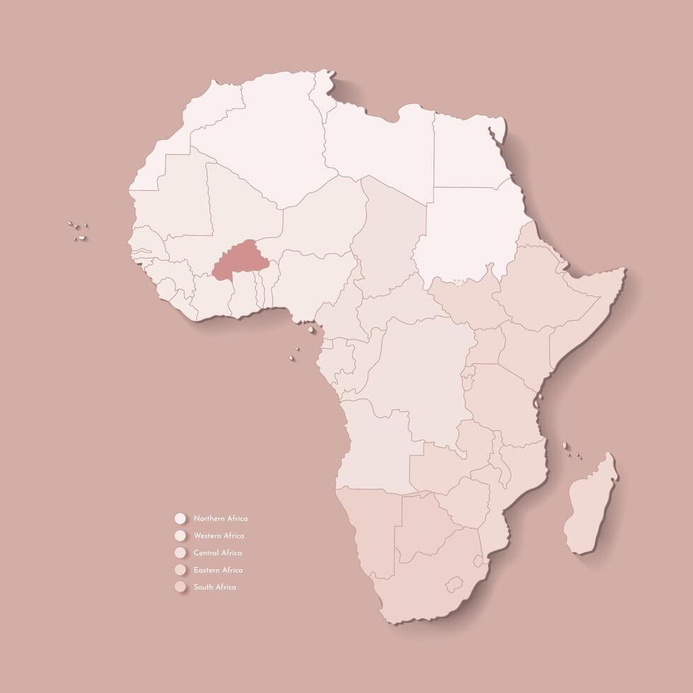 Illustration with African continent with borders of all states and marked country Burkina Faso. Political map in camel brown with central, western, south and etc regions. Beige background vector