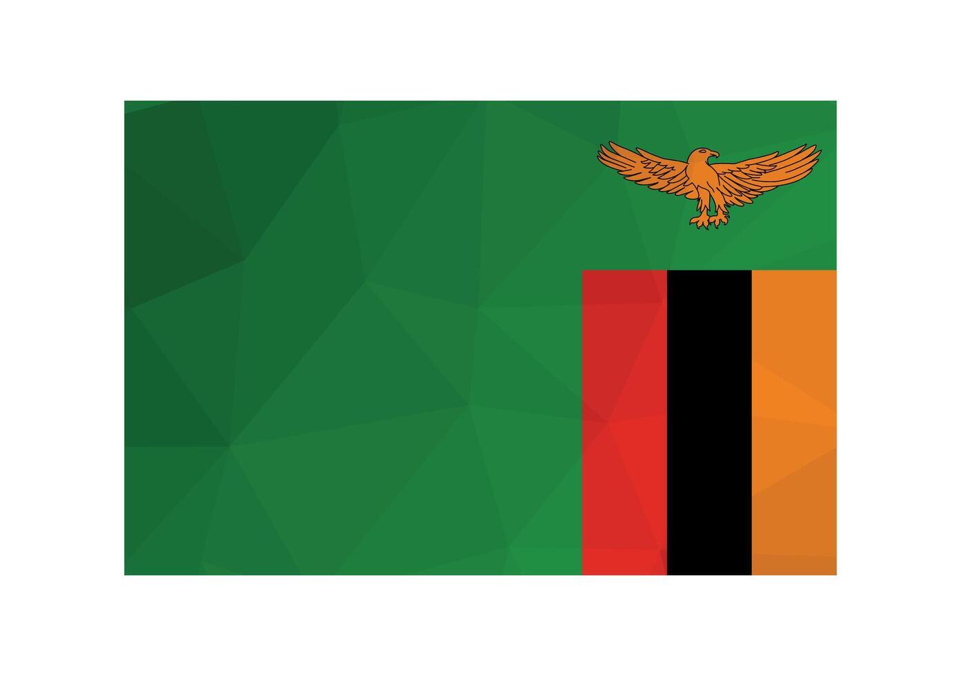 illustration. Official ensign of Zambia. National flag with eagle and red, black, yellow stripes on green background. Creative design in low poly style vector