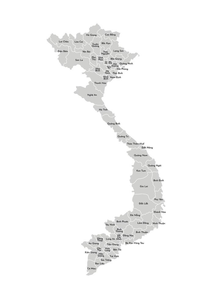 isolated illustration of simplified administrative map of Vietnam. Borders and names of the provinces, regions. Grey silhouettes. White outline vector