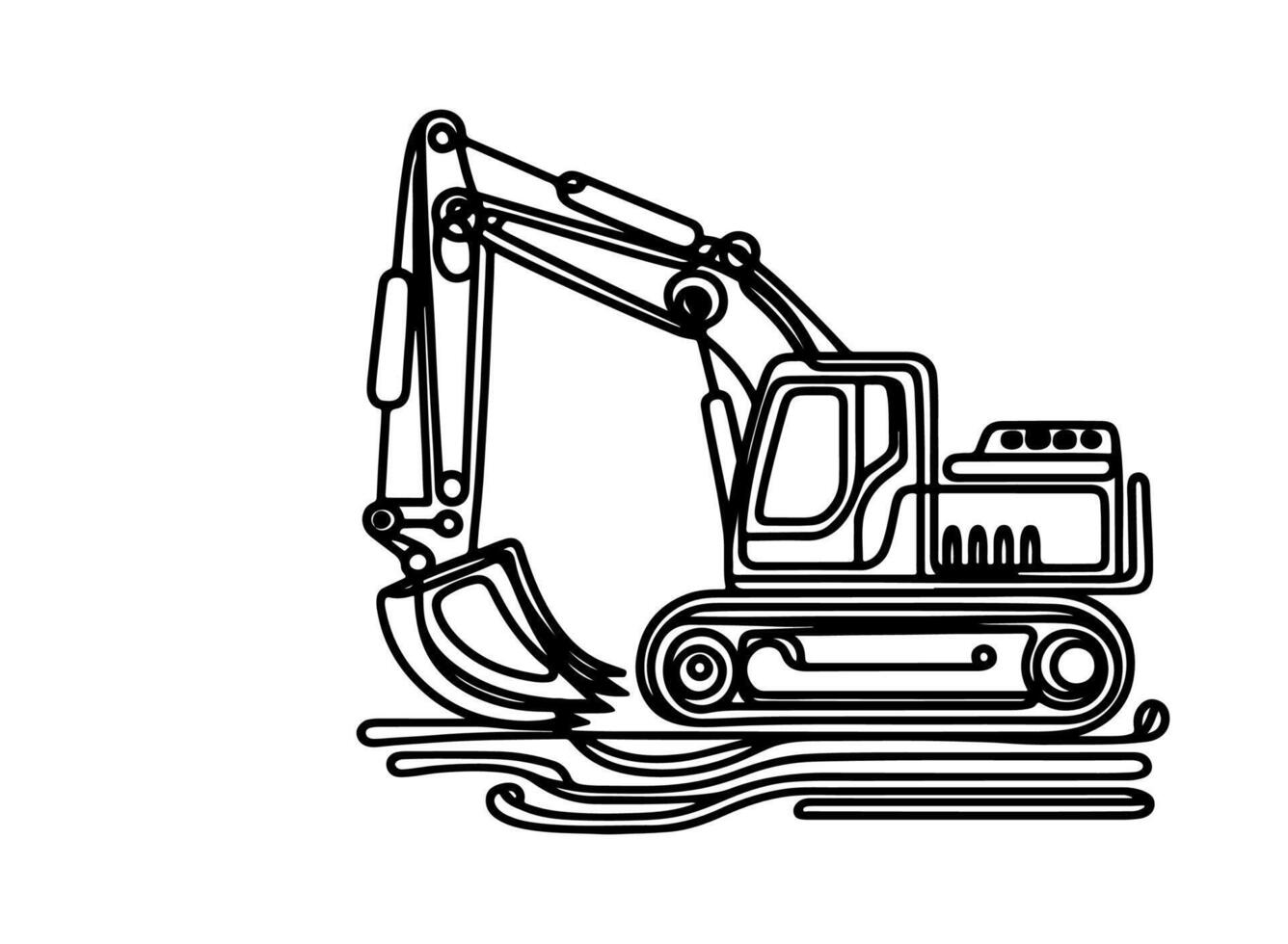 continuous one black line hand drawing excavator car outline doodle illustration vector
