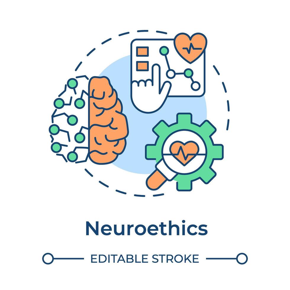 Neuroethics multi color concept icon. Morality of neuroscience. Neural monitoring. Brain science. Round shape line illustration. Abstract idea. Graphic design. Easy to use in presentation vector