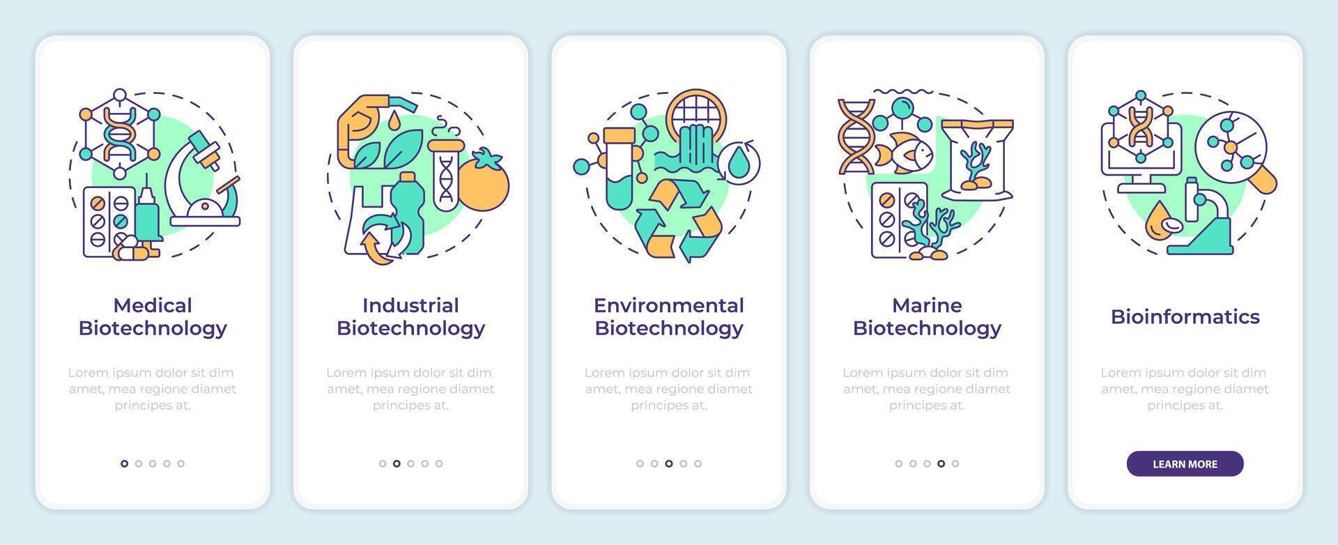 tipos de biotecnología inducción móvil aplicación pantalla. recorrido 5 5 pasos editable gráfico instrucciones con lineal conceptos. ui, ux, gui modelo vector