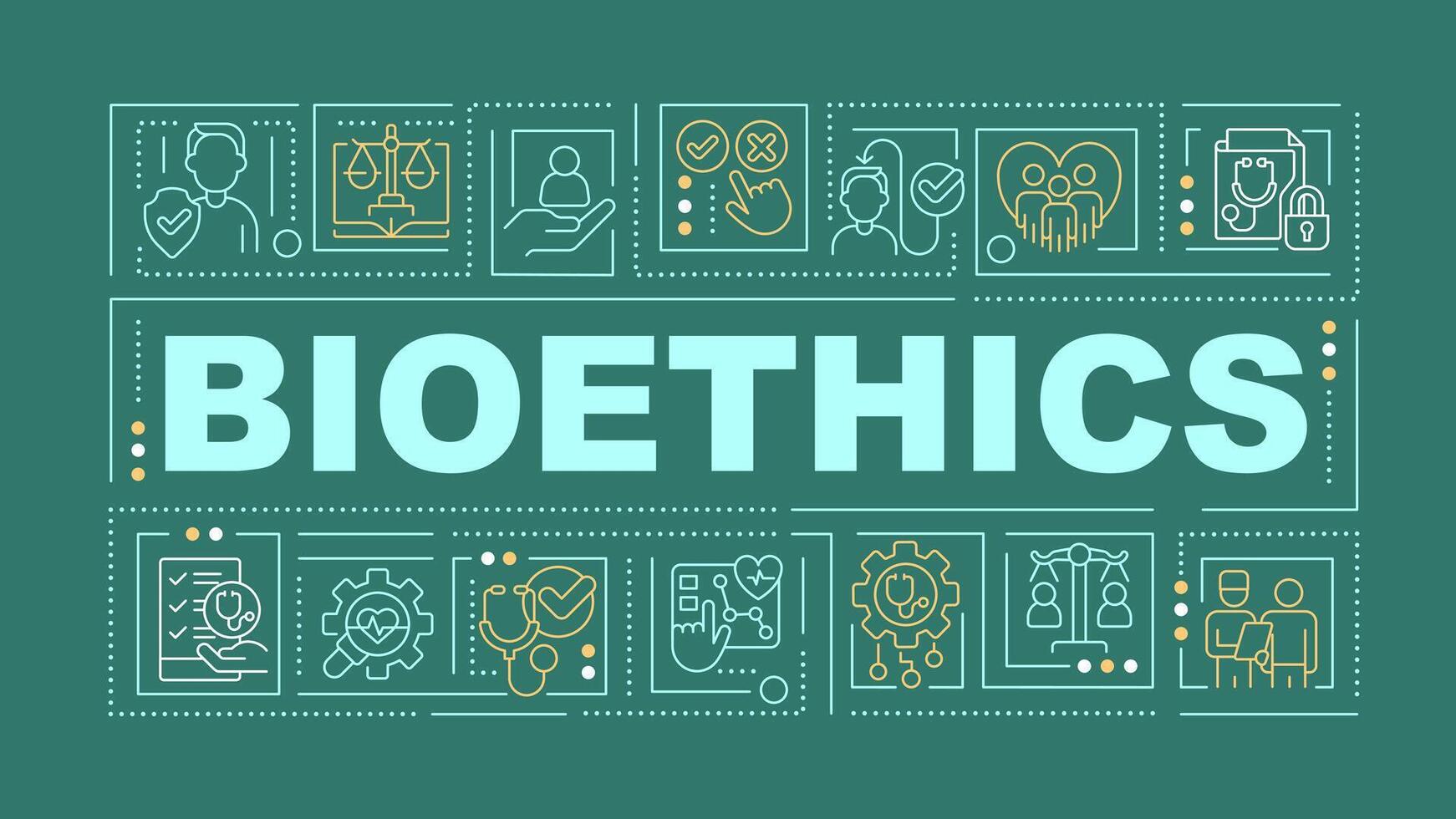 Bioethics green word concept. Ethical principles in healthcare. Typography banner. Flat design. Illustration with title text, editable line icons. Ready to use vector