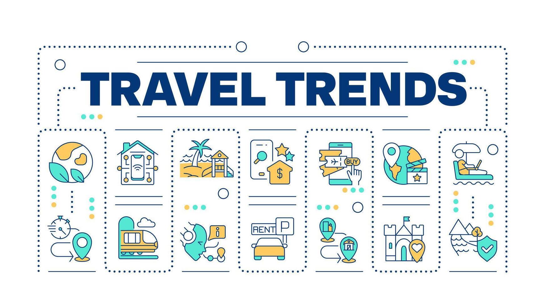 Travel trends word concept isolated on white. Tourism and hospitality industry. Technology integration. Creative illustration banner surrounded by editable line colorful icons vector