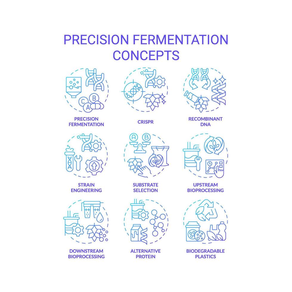 Precision fermentation blue gradient concept icons. Food genetic modification. Artificial selection, synthetic biology. Icon pack. Round shape illustrations. Abstract idea vector