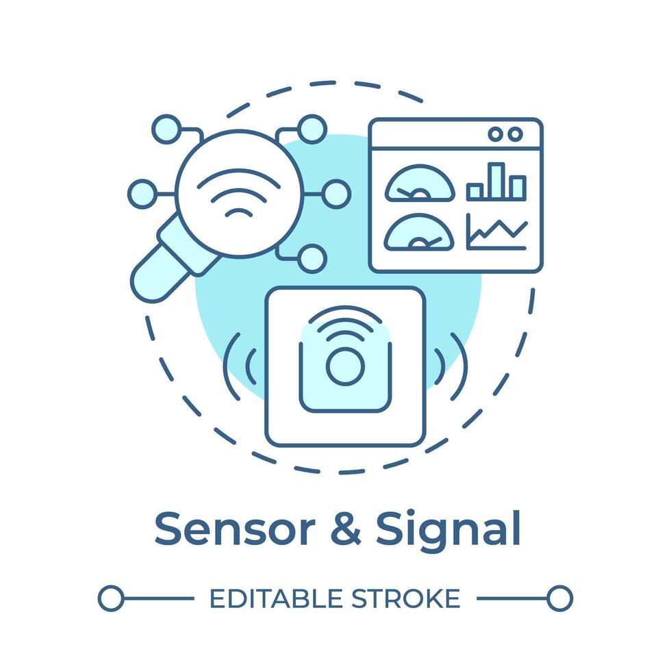 sensor y señal suave azul concepto icono. producto seguimiento, movimiento sensor. inteligente fabricación, conectado máquinas. redondo forma línea ilustración. resumen idea. gráfico diseño. fácil a utilizar vector