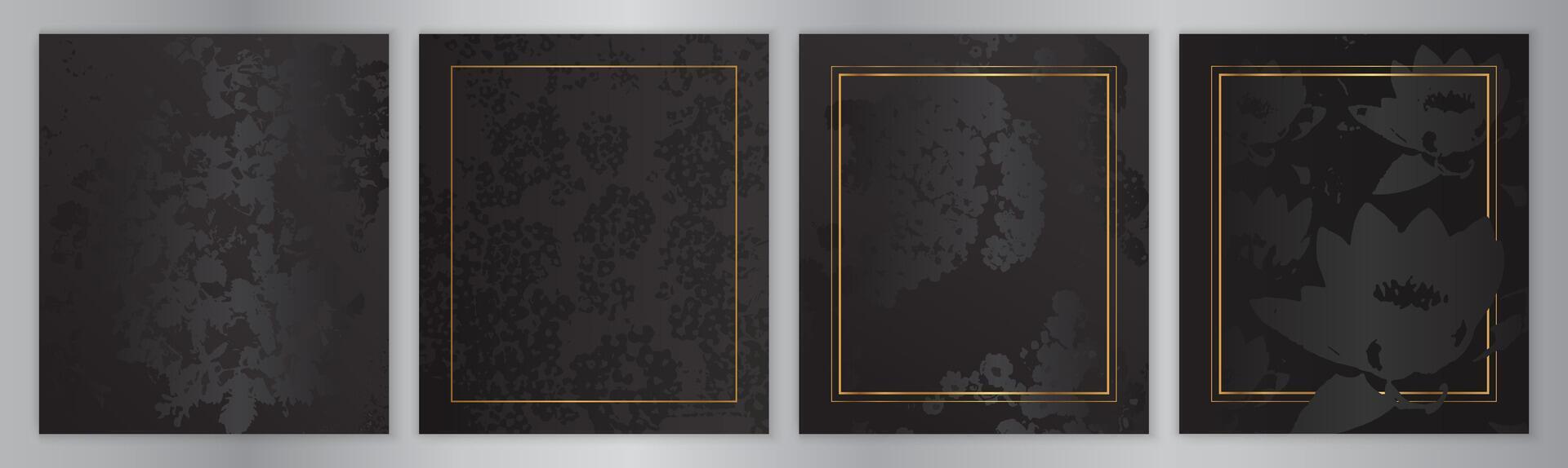 Elegant Black Floral Background Collection. Flower Texture Set with Gold Frame vector