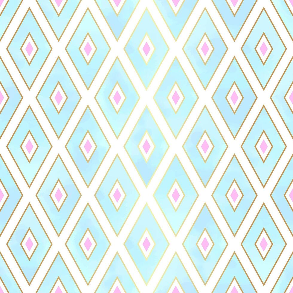 Turquoise Gold Seamless Pattern with Geometric Rhombus Shapes with Pink Ornaments vector