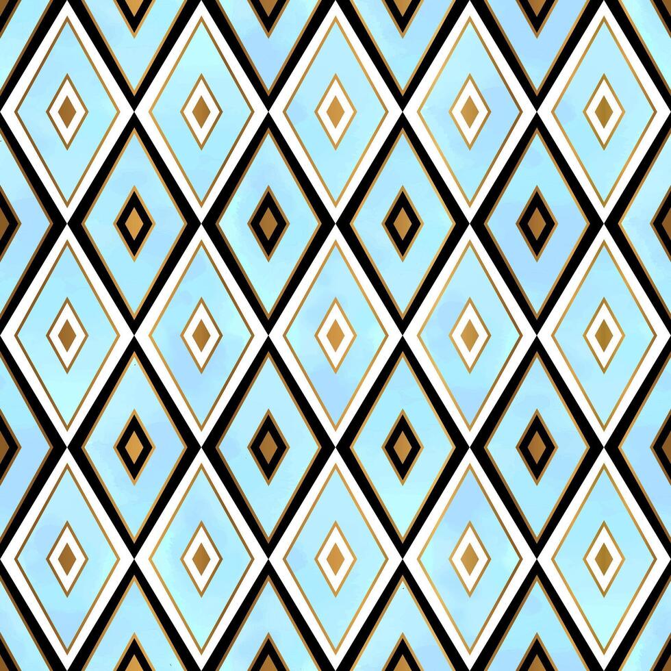 Classic Turquoise and Gold Elegant Seamless Pattern with Geometric Rhombus Shapes and Black Details vector