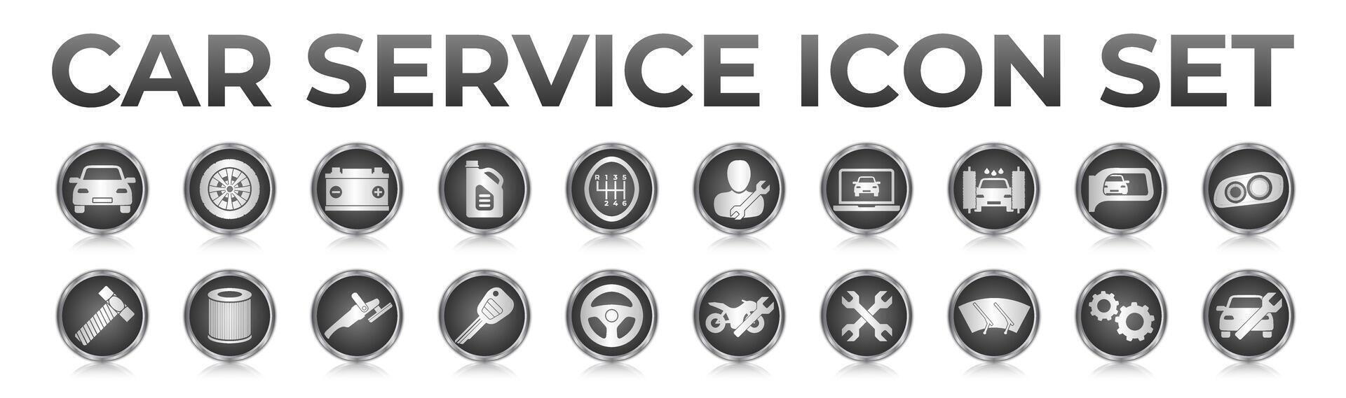 3D Black Car Service Round Web Icons Set with Battery, Oil, Gear Shifter, Filter, Polishing, Key, Steering Wheel, Diagnostic, Wash, Mirror, Headlamp Icons vector