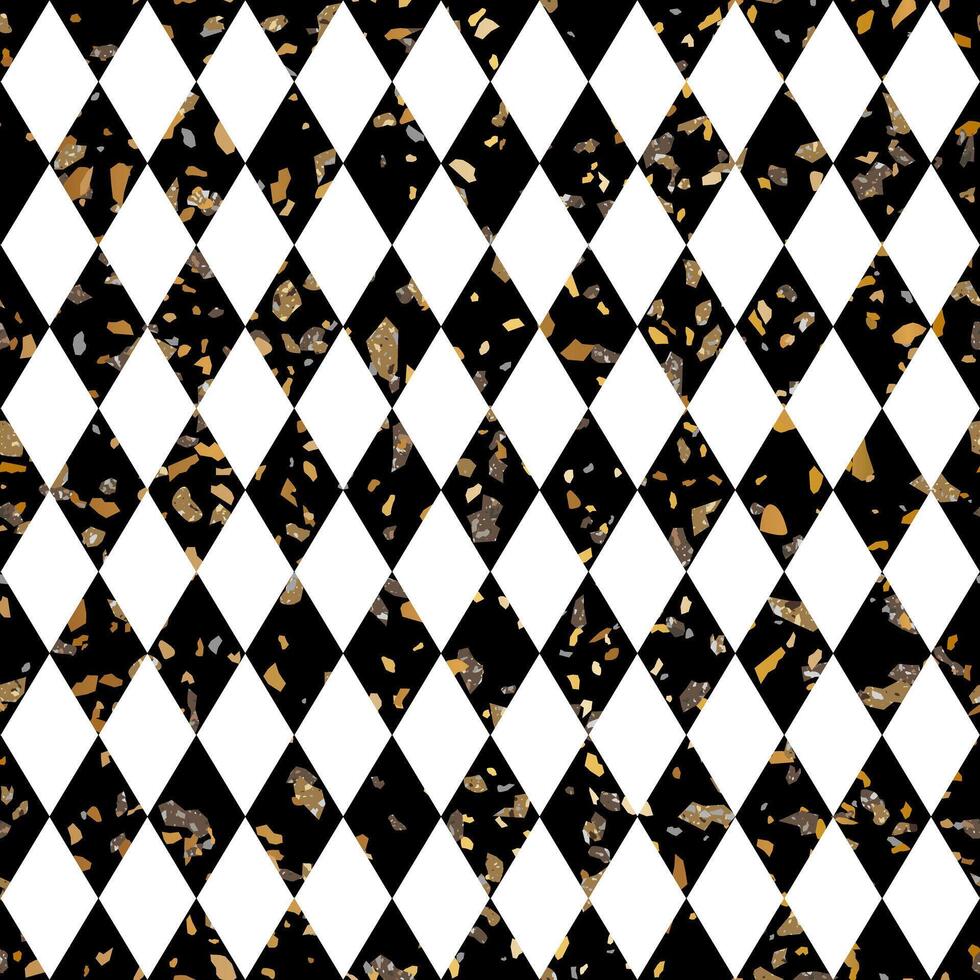 Geometric Black and White Terrazzo Stone Texture Seamless Pattern Design with Gold Details. Rhombus Background. vector