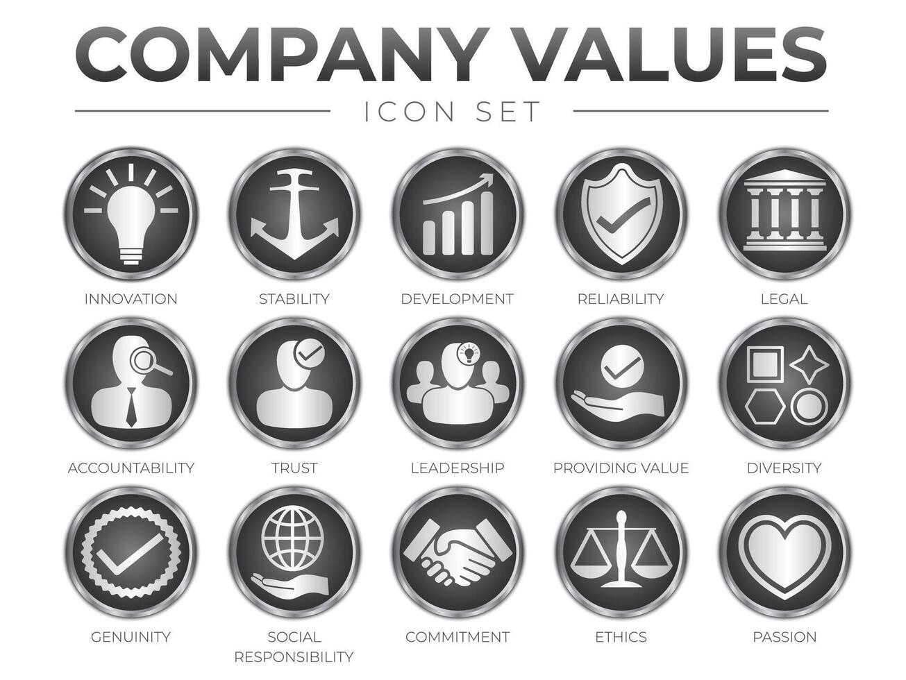 Business 3D Icon Set of Company Core Values. Innovation, Stability, Development, Reliability, Legal, Accountability, Trust, Leadership, Providing Value, Icons. vector