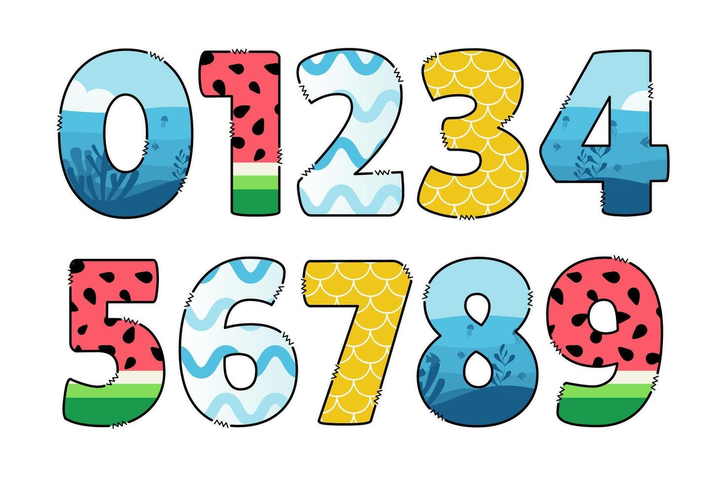Handcrafted Vacation number color creative art typographic design vector