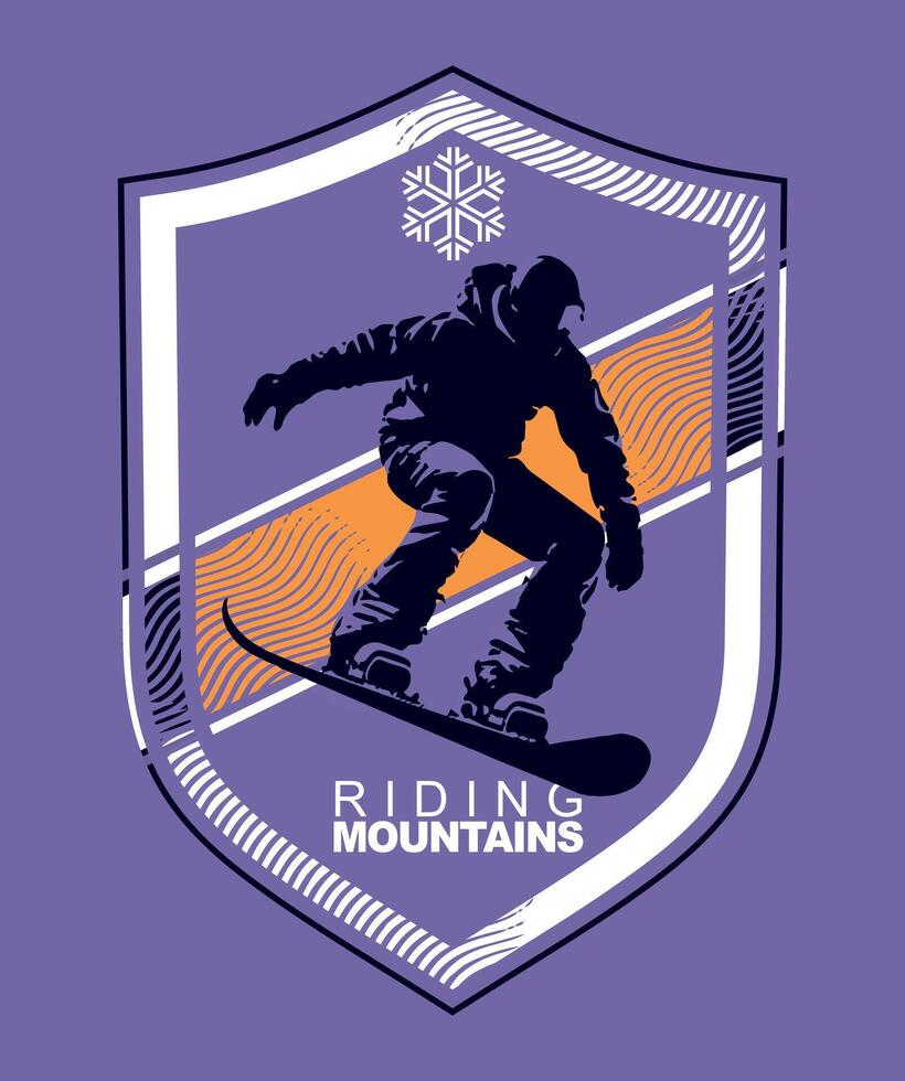 Illustration of snowboarder silhouette in composition with emblem. vector