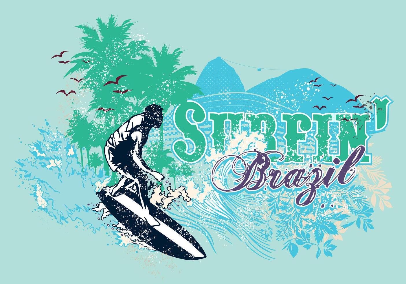Illustration of surfer silhouette with flowers and mountain in the background. Art alluding to surfing in the city of Rio de Janeiro, Brazil. vector