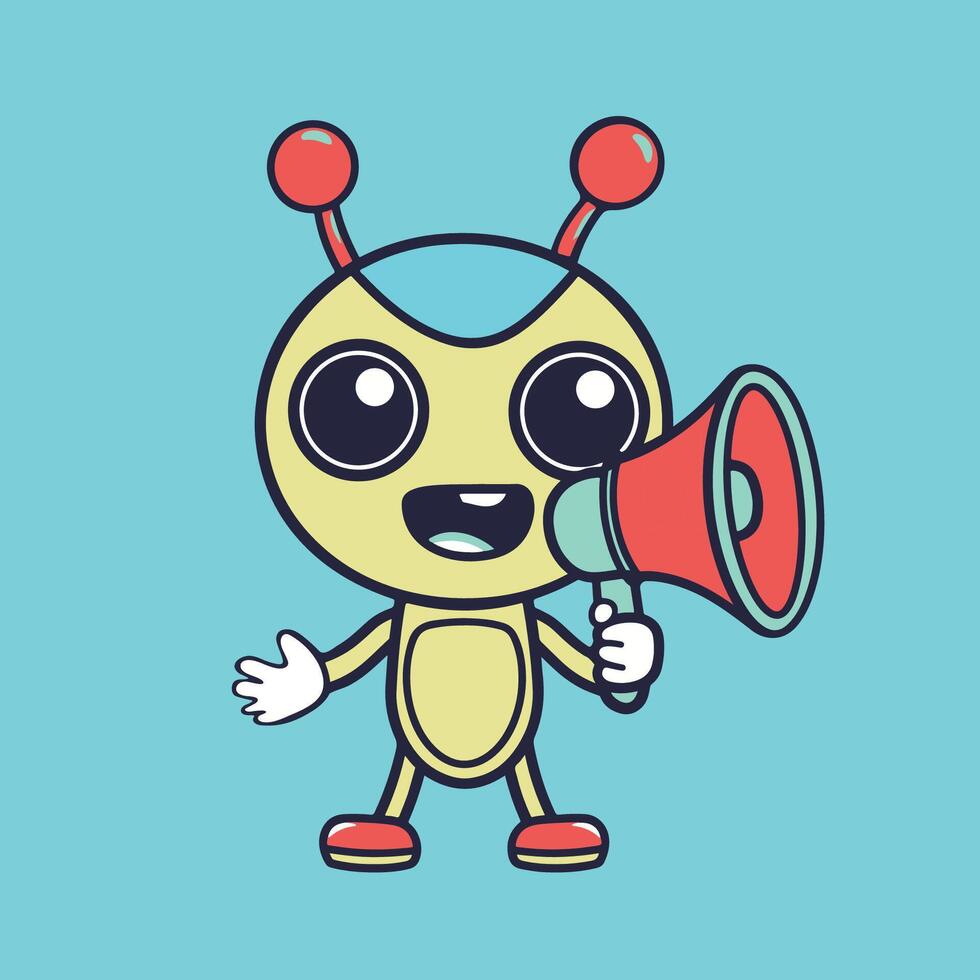 Alien Cartoon - a cheerful alien with a megaphone flat icon illustration vector