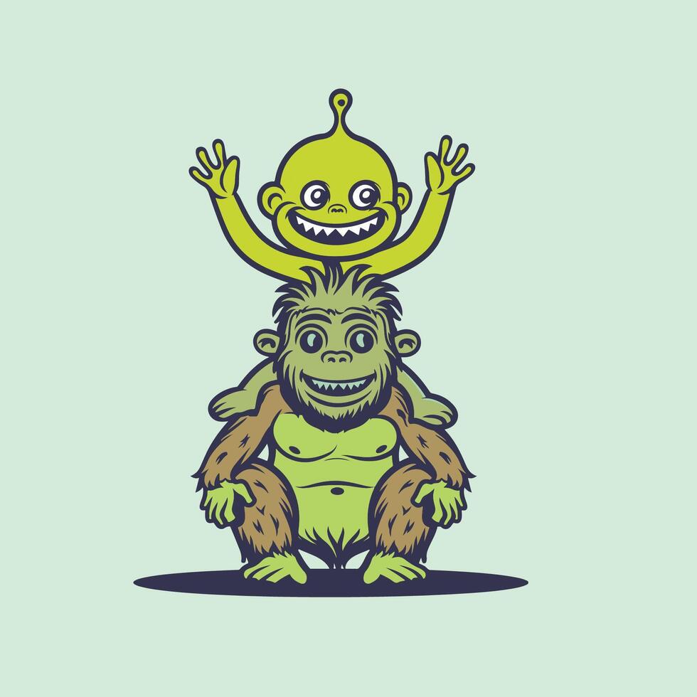 Alien Cartoon - a cheerful alien sitting on Bigfoot's shoulder flat icon illustration vector
