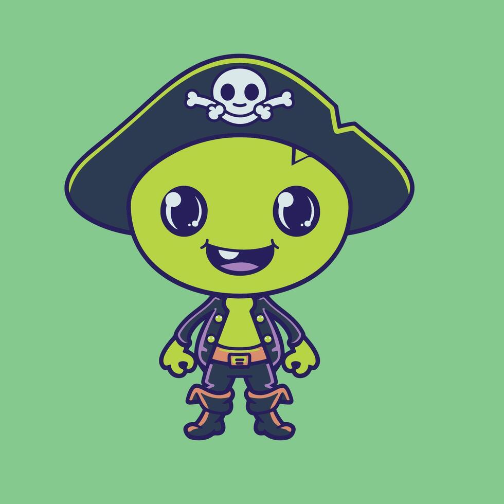 Alien Cartoon - a cute green alien in pirate flat design illustration vector