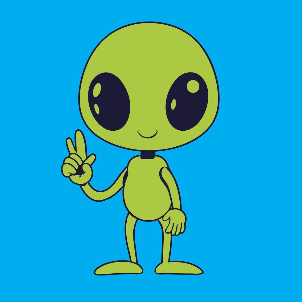 a cute alien showing a peace sign with a hand illustration vector