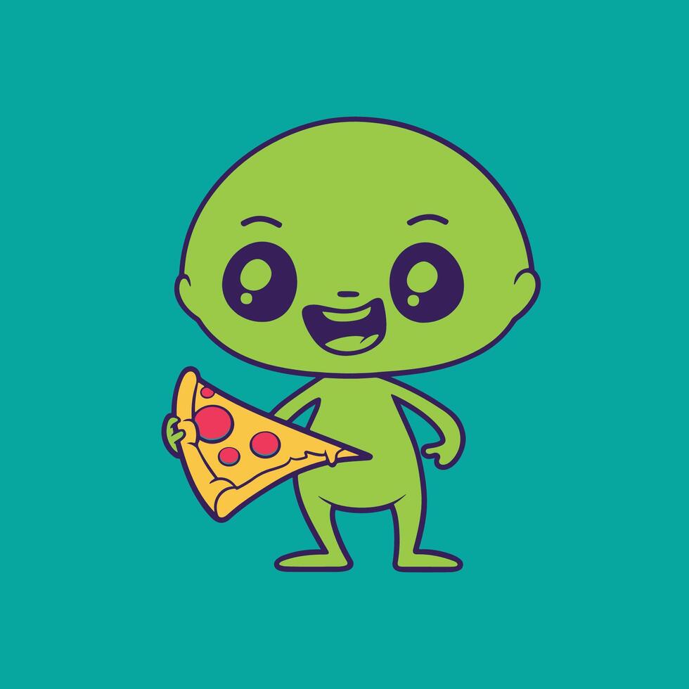 Alien Logo - a cheerful pizza loving alien flat icon illustration vector