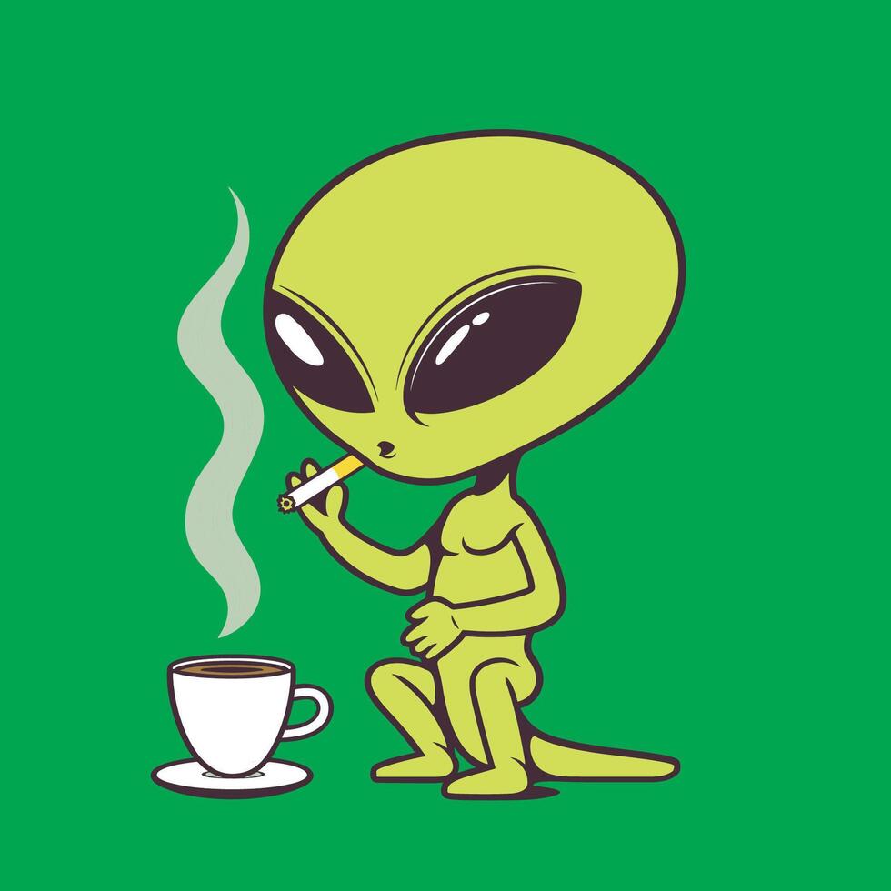 Alien Icon - a alien smoking Cigarette illustration on a Green background vector