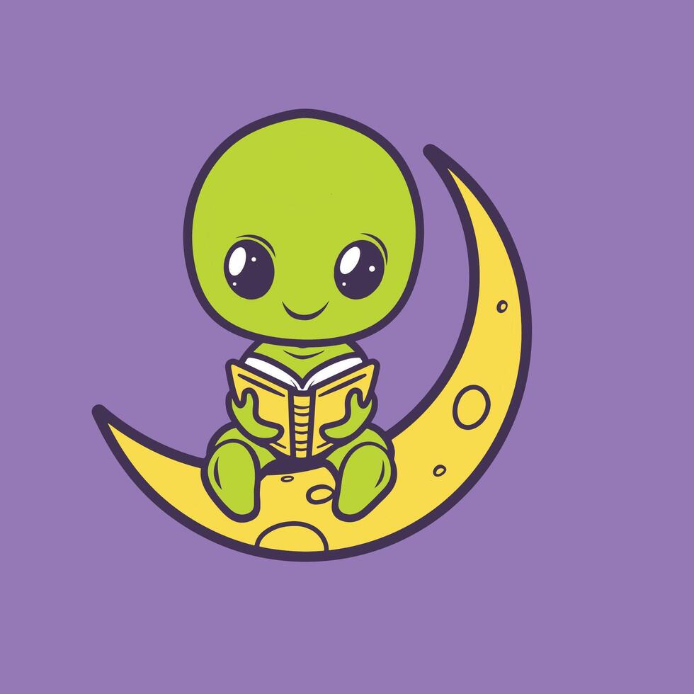 illustration of a cool alien reading book on moon flat illustration vector