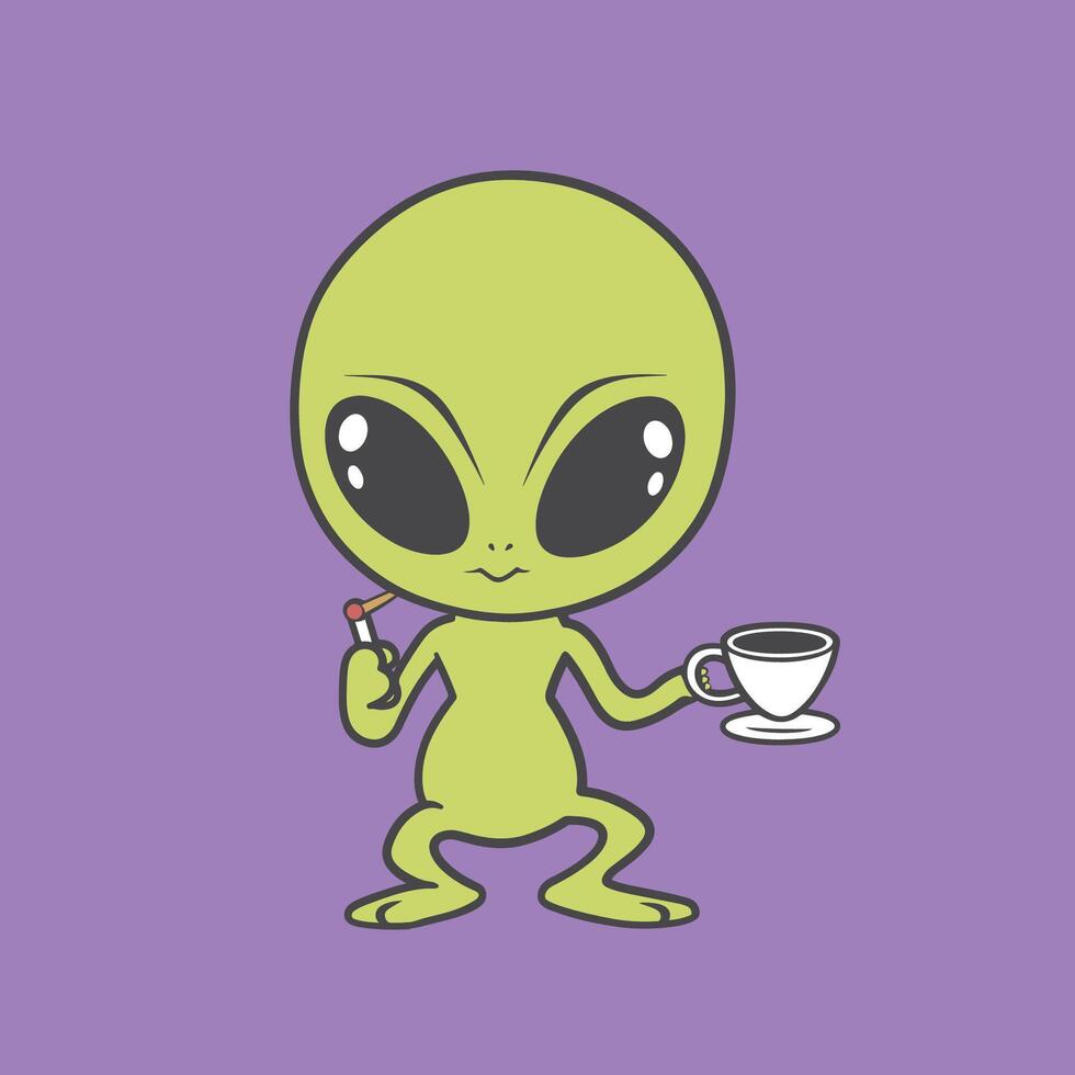 alien drinking hot coffee with a cigarette illustration vector