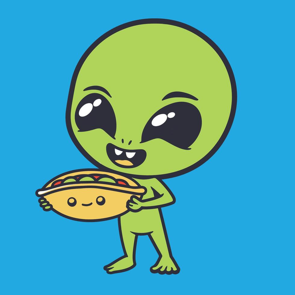 un linda extraterrestre comiendo un taco en un contento plano icono ilustración vector