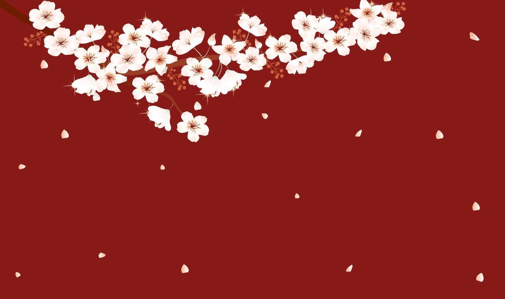 floral con Cereza flores en lleno floración en un rojo antecedentes vector