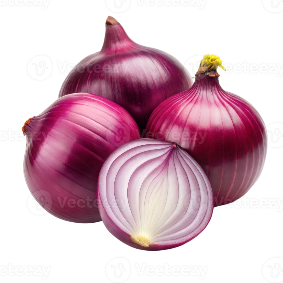 Fresh Purple Onions With One Sliced Open Displayed on a Transparent Background png
