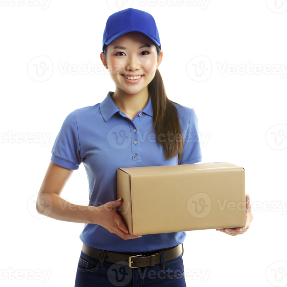 Smiling Delivery Woman in Blue Uniform Presenting a Package Indoors png