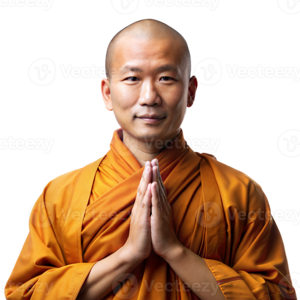 Tranquil Bald Monk in Traditional Orange Robes With Hands in Prayer Position png