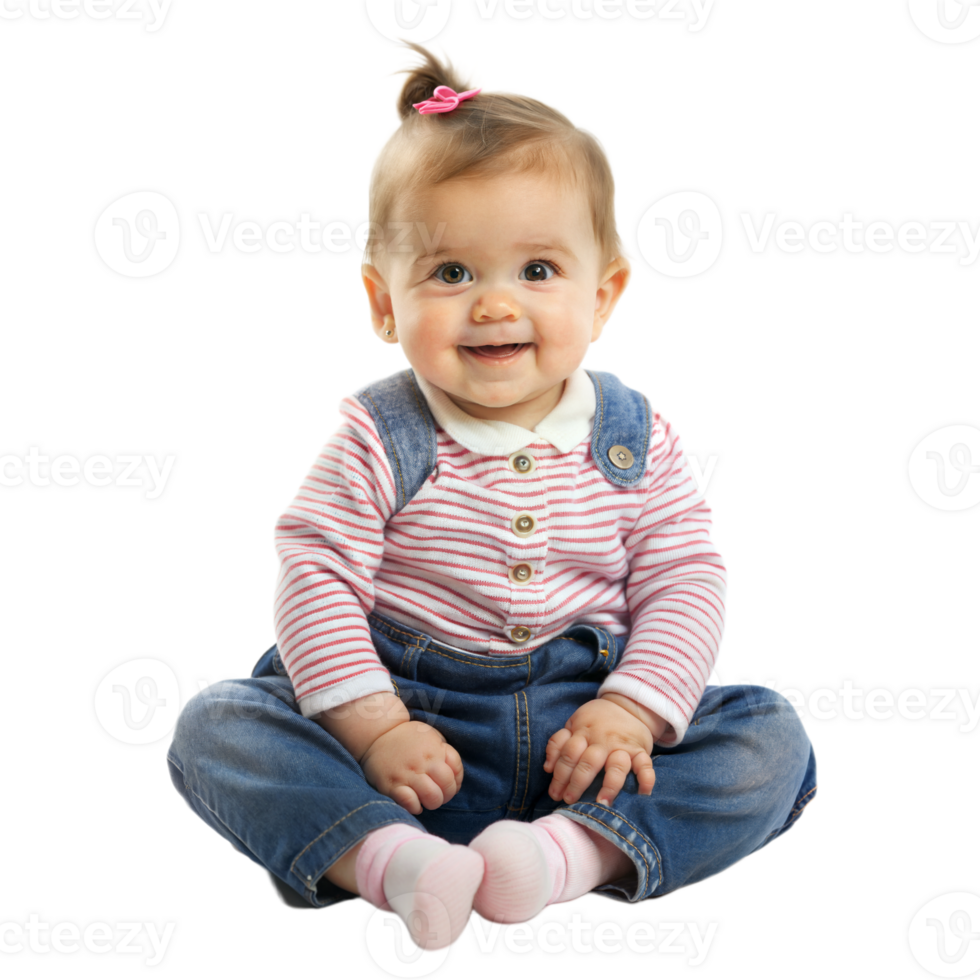 vrolijk baby meisje zittend terloops in denim overall met transparant achtergrond png