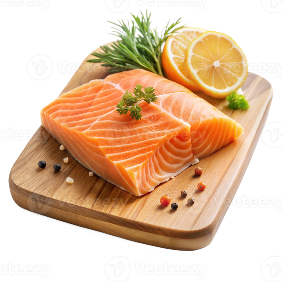 Fresh Salmon Fillet on Wooden Cutting Board with Lemon and Herbs on Transparent Background png