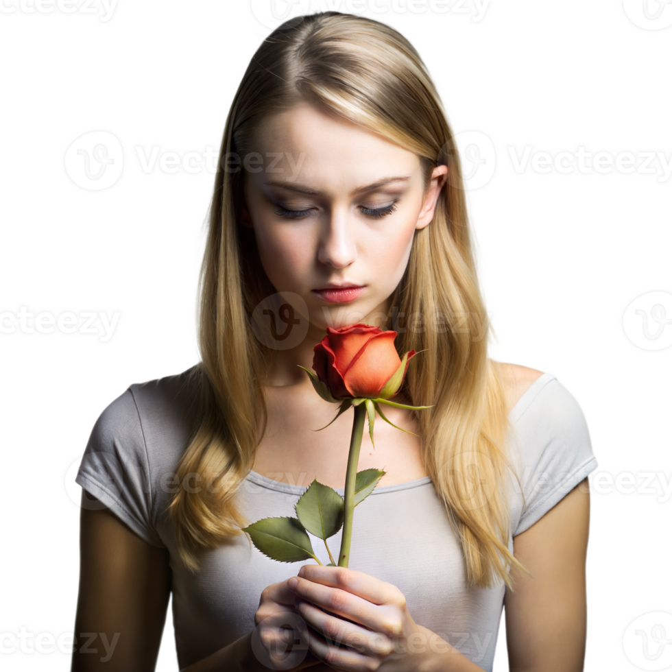 Young Woman Gently Holding a Single Red Rose Against a Transparent Background png