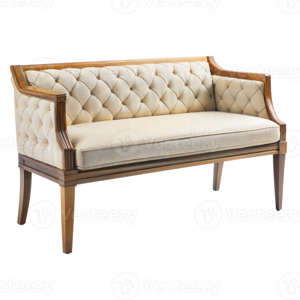 Elegant Beige Tufted Sofa With Wooden Frame on Transparent Background png