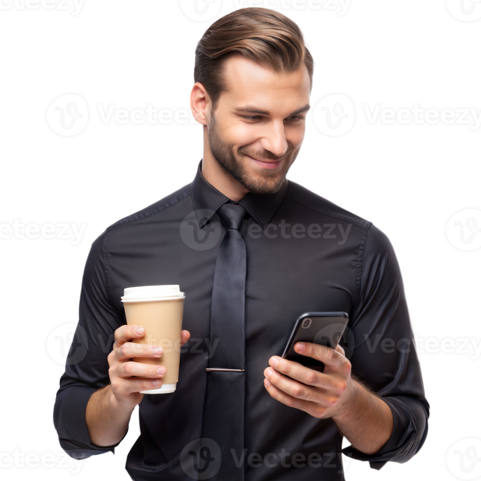 Smiling Businessman Holding Coffee Cup and Smartphone on Transparent Background png