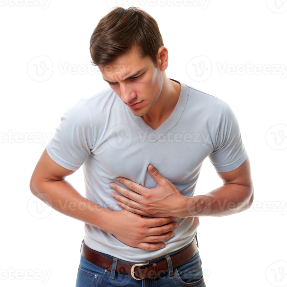 Young Man Clutching Stomach in Pain With a Transparent Background png