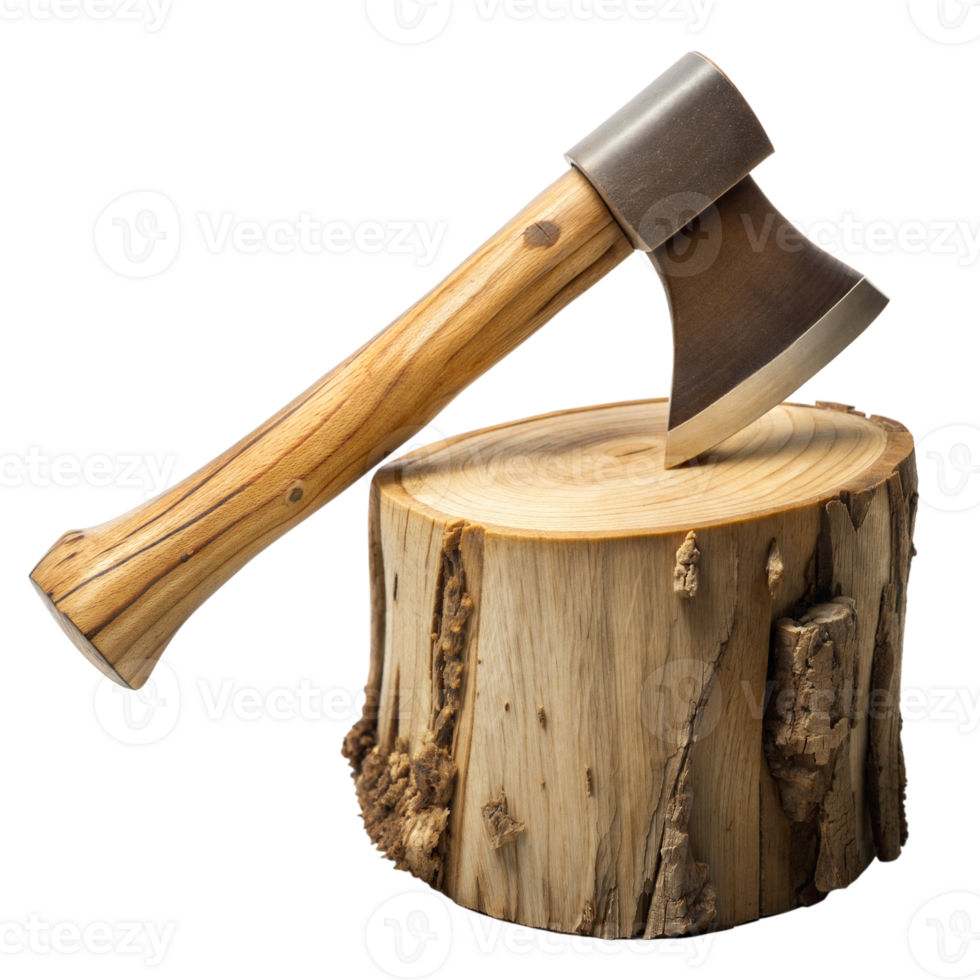 Axe Embedded in Chopped Wood Stump on Transparent Background png