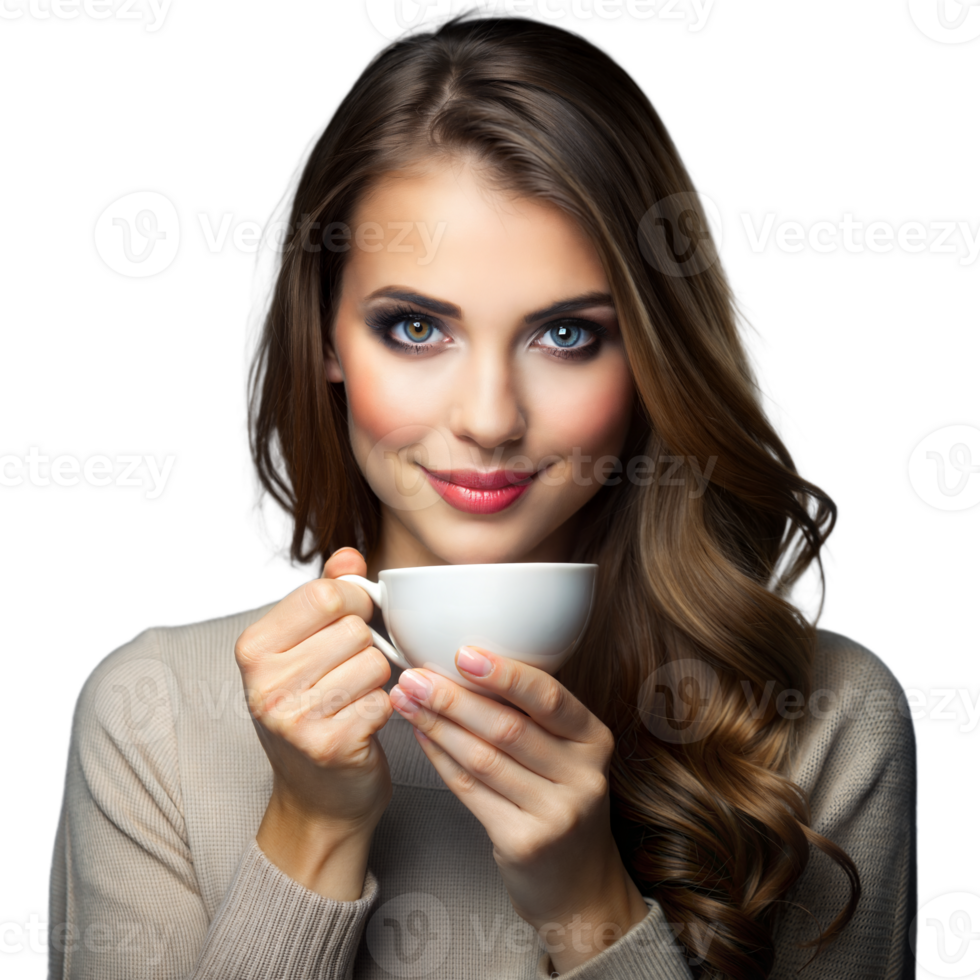 Jeune femme profiter une chaud tasse de café avec une sourire png