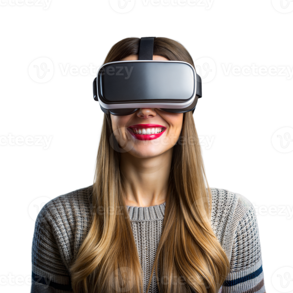 sorridente mulher experimentando virtual realidade com vr fone de ouvido contra branco fundo png