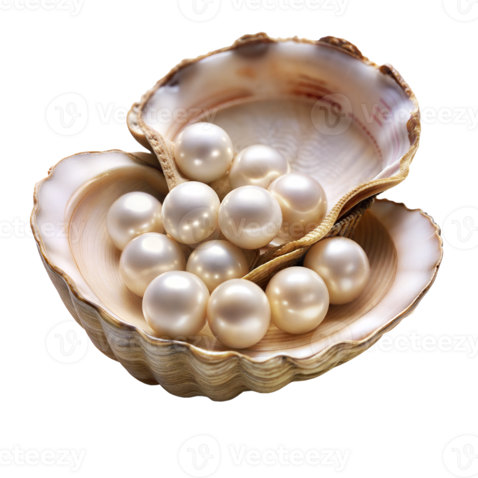 strahlend Perlen eingebettet im ein Muschel auf ein transparent Hintergrund png