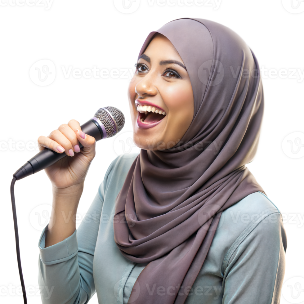 joyeux femelle orateur dans hijab adressage public à intérieur un événement png